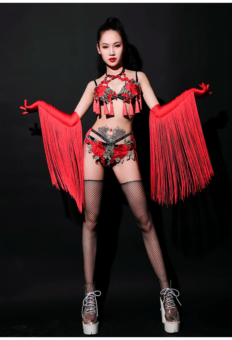 Red Rose Floral Fringe Bikini & Matching Fringe Gloves Stage Performance Costume Set