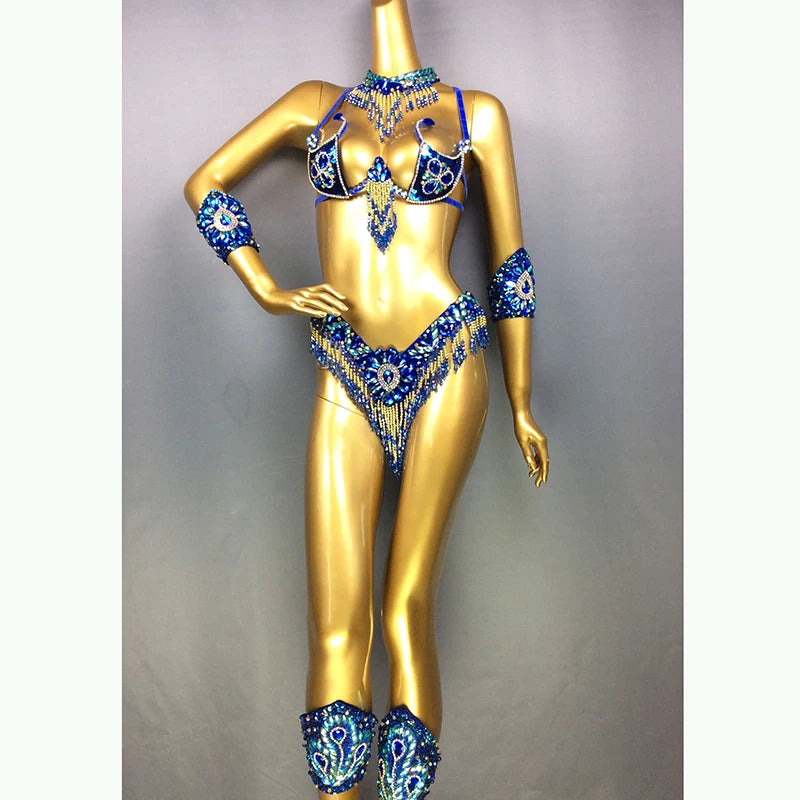 Handmade Beaded Samba Carnival Bra, Thong & Jewelry 5-Piece Stage Costume Set