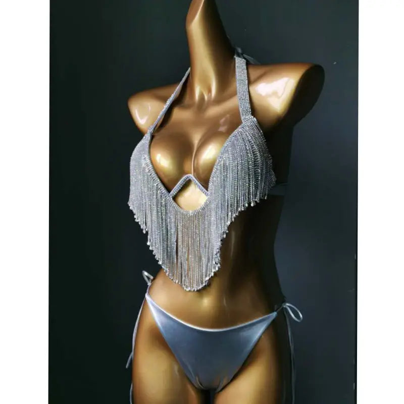 Sparkling Rhinestone Tassel Bikini Set – Shimmering Crystal Fringe Swimsuit & Exotic Body Jewelry Set for Raves & Beach Clubs