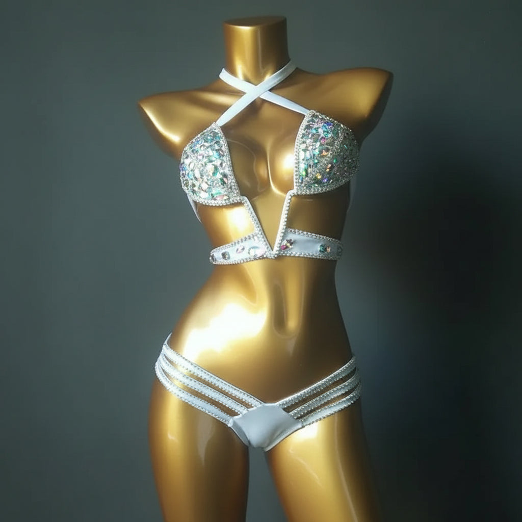 Luxury V-Neck Rhinestone Set – Shimmering Crystal Push-Up Costume Suit for Clubs & Festivals