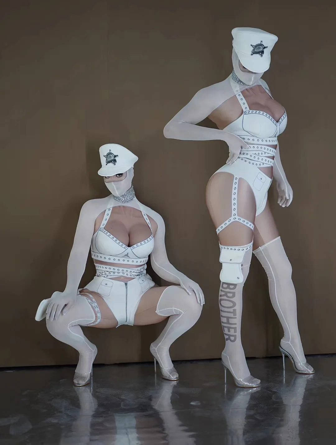 White Cyber Military Commander Bodysuit & Harness Set Men's & Women's Stage Dance Costume