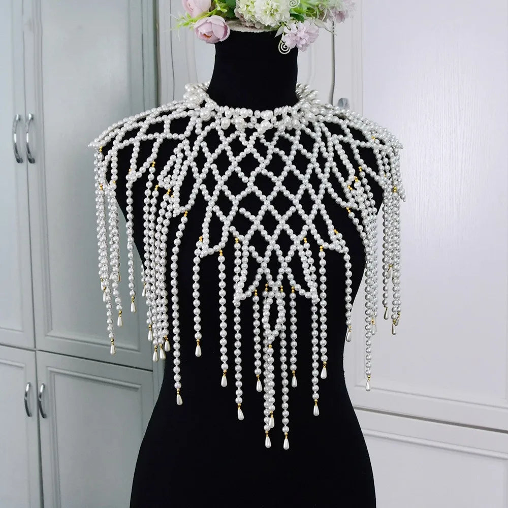 White Simulated Pearl Chest Wrap Chain