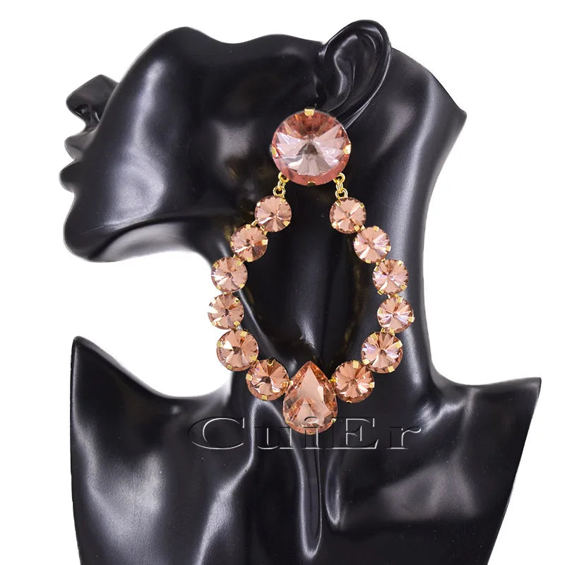 Sparkly Glass Crystal Oval Statement Drop Earrings Drag Queen Stage Jewelry
