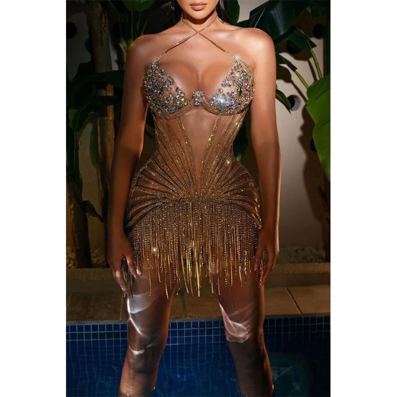 One-Piece Crystal Fringe Chain Dress