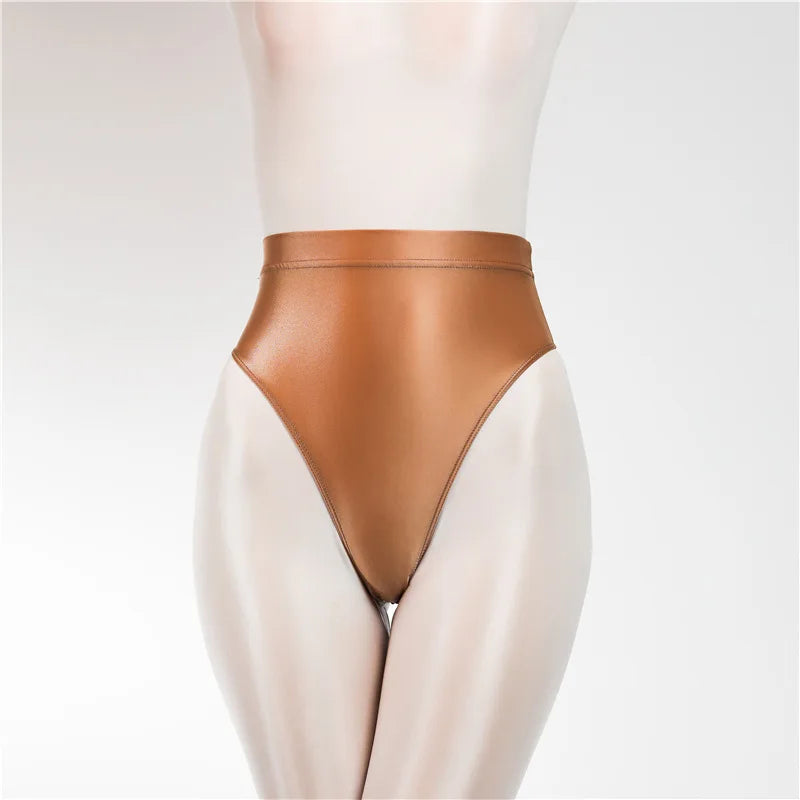 Sexy Shiny High Waist G-string Sheer See Through Sexy Brief Candy Color T-Back Oil Thong UnderWear Satin Glossy Femme Tight