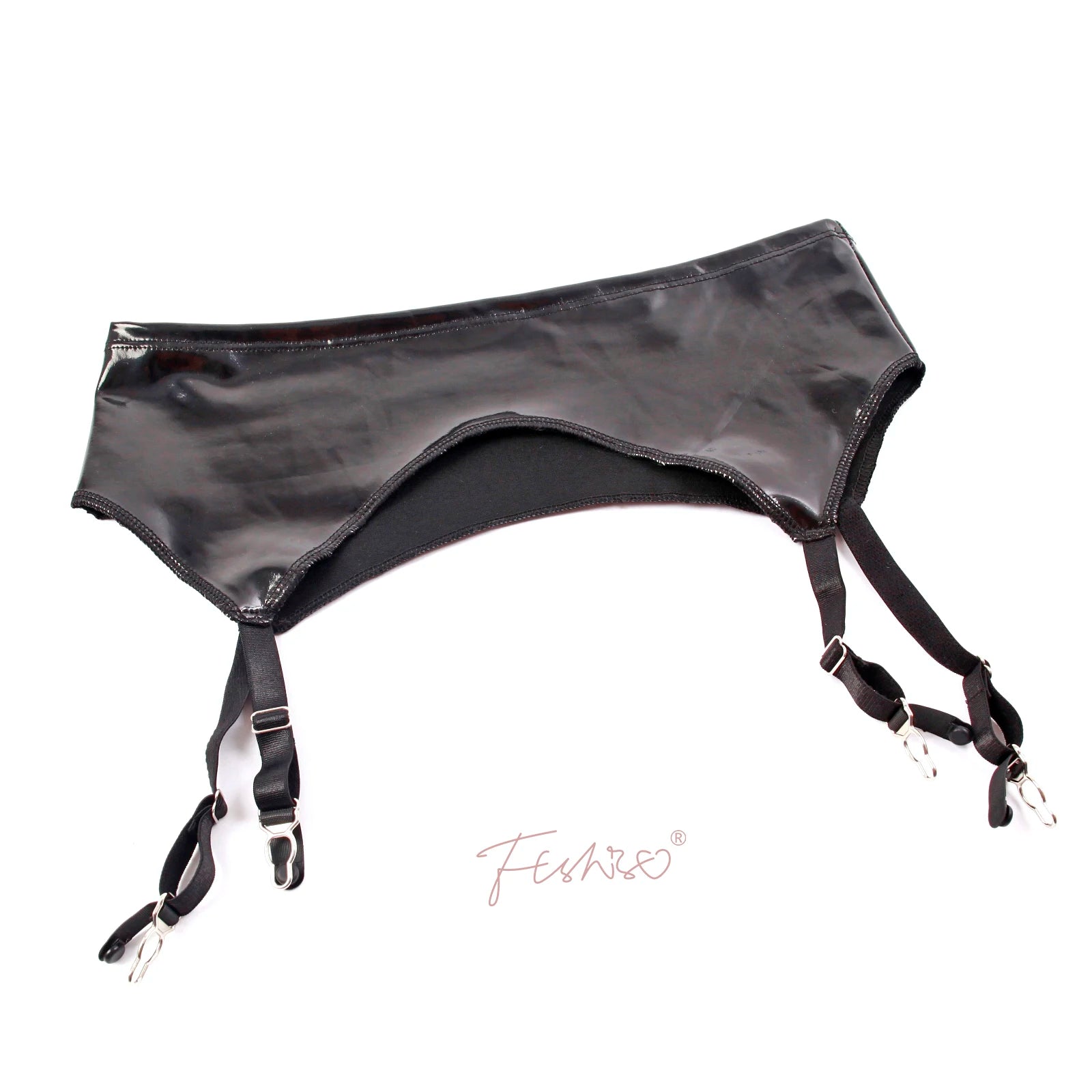 Glossy Faux Leather Mid-Waist Garter Belt with Metal Buckle Suspenders