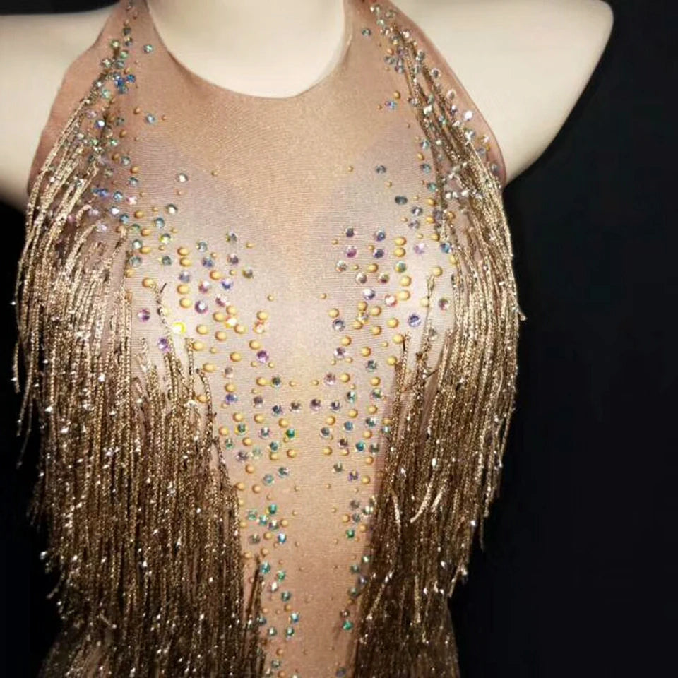 Sparkly Gold Rhinestone & Tassel Halter Neck Leotard Stage Costume