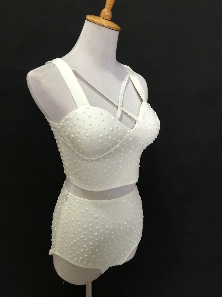 Sparkly Rhinestone Crop Top & High-Waisted Shorts Two-Piece Dance Costume Set