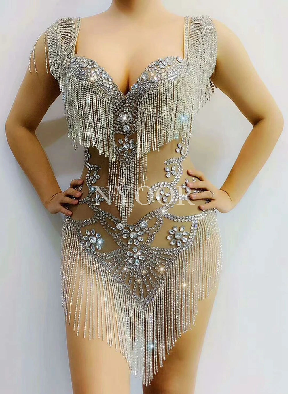 Silver Crystal Fringe Illusion Bodysuit Sparkly Rhinestone Stage Dance Leotard