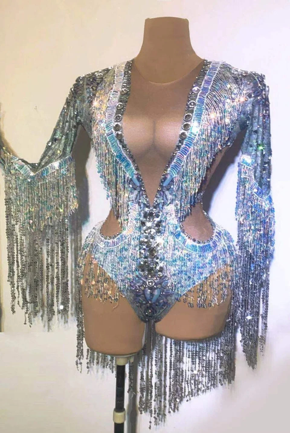 Rhinestone Sequin Fringe Long-Sleeve Bodysuit