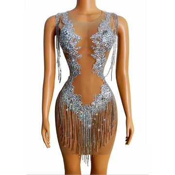 Rhinestone Chain Fringe Performance Dress