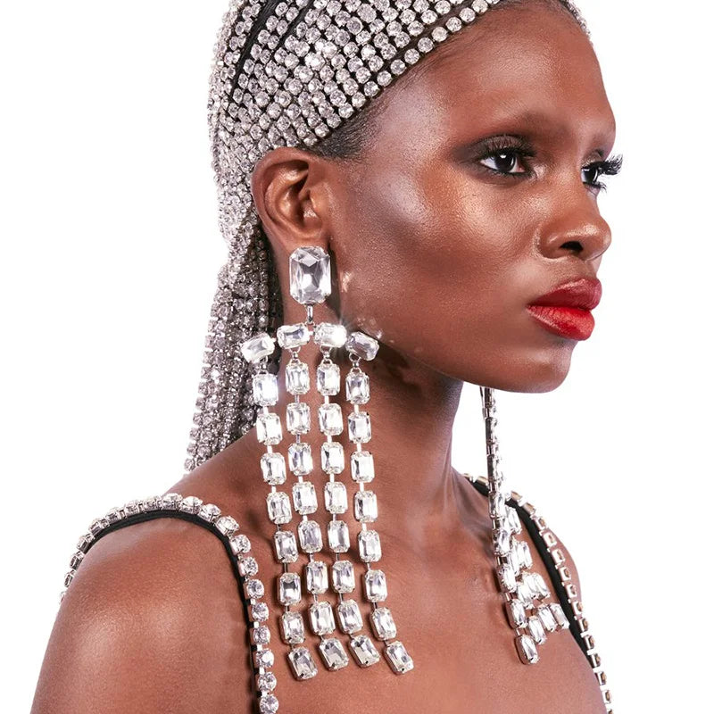 Sparkly 5.2" Glass Crystal Dangle Earrings Drag Queen Stage Jewelry