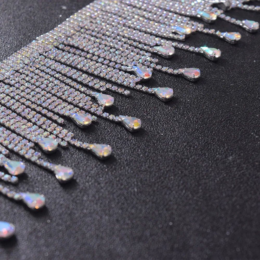 5YDS Crystal AB Rhinestone Fringe Trim 3.1" Tassel Applique Sew-On Stage Costume Border