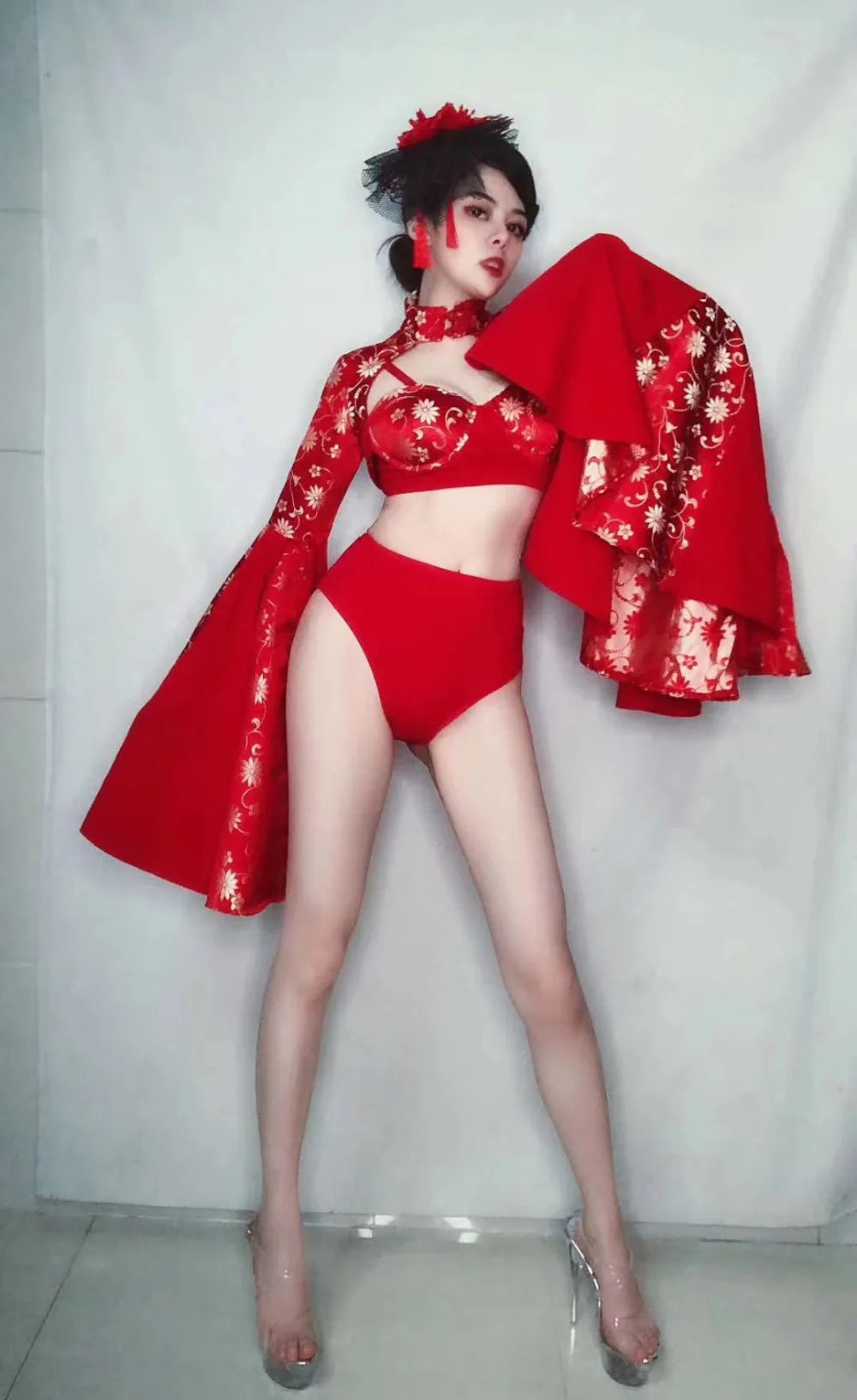 Crimson Red Sculpted Bralette, Dramatic Puff Sleeve Shrug & Briefs 3-Piece Stage Costume Set
