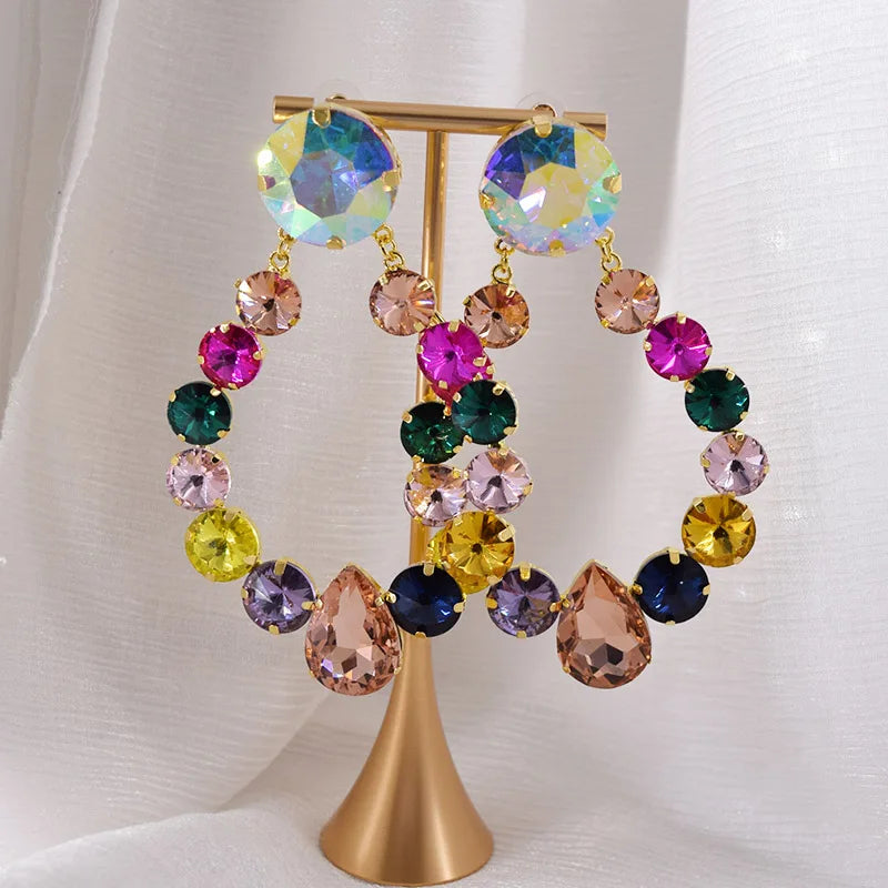 Sparkly Glass Crystal Oval Statement Drop Earrings Drag Queen Stage Jewelry