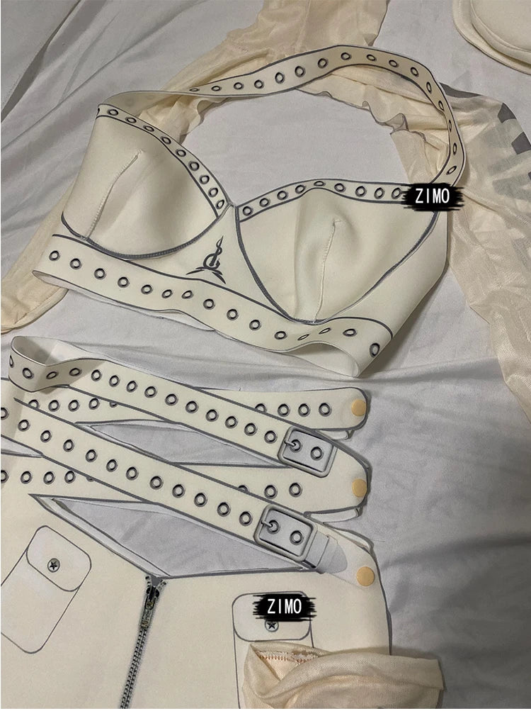 White Cyber Military Commander Bodysuit & Harness Set Men's & Women's Stage Dance Costume