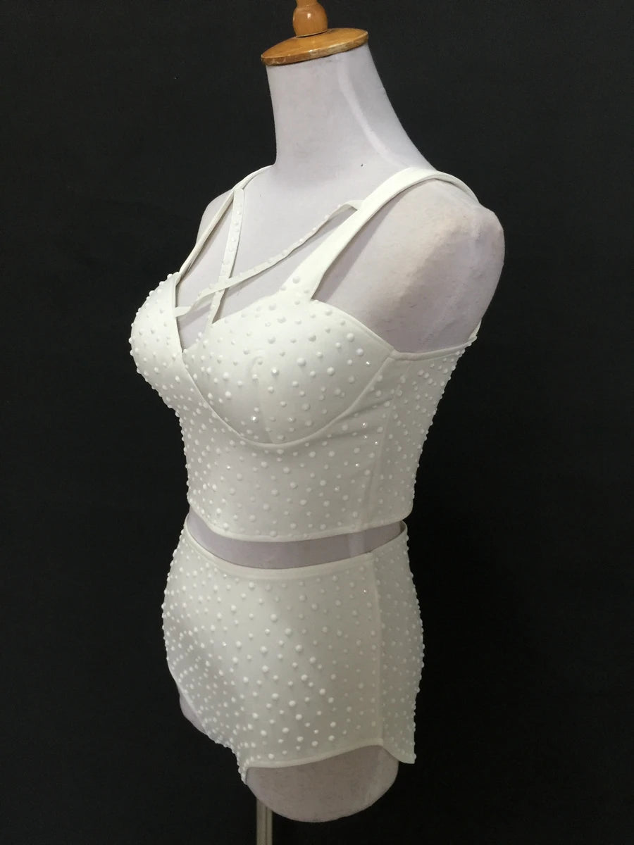 Sparkly Rhinestone Crop Top & High-Waisted Shorts Two-Piece Dance Costume Set