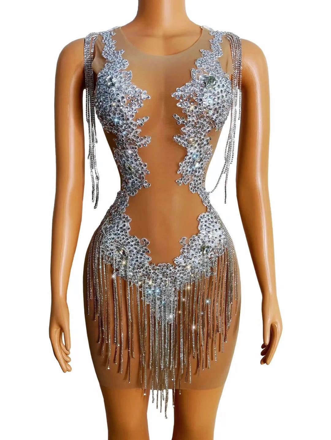 Rhinestone Chain Fringe Performance Dress