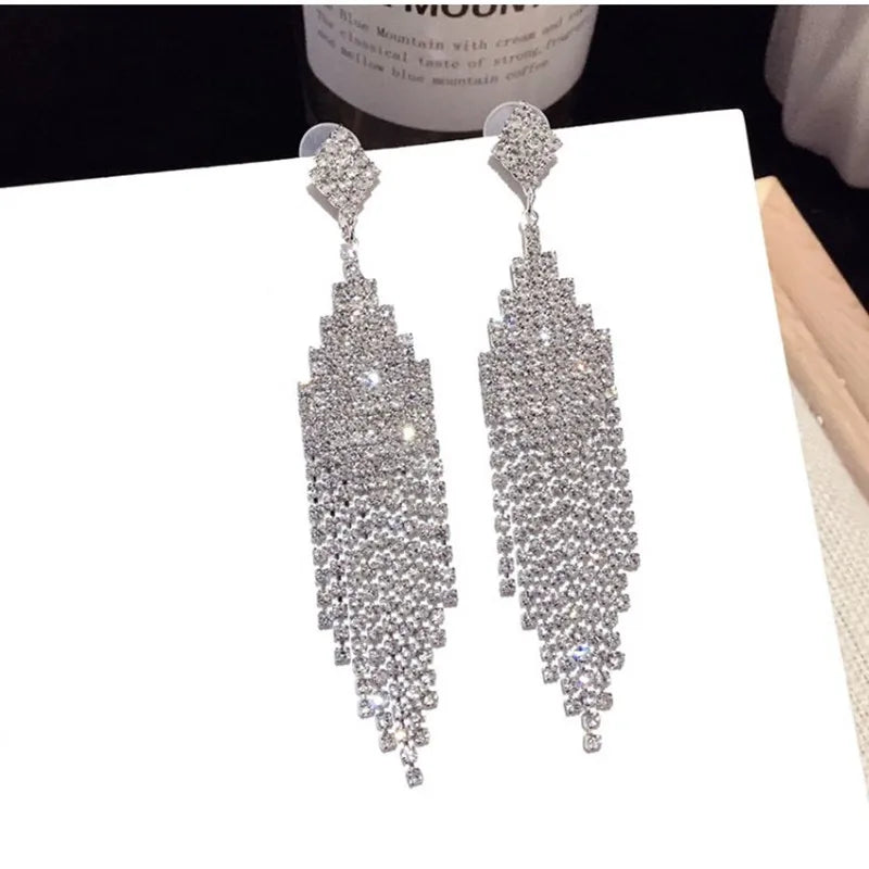 Vintage Crystal Tassel Drop Earrings – Elegant Geometric Multi-Strand Statement Earrings for Weddings, Galas & Evening Wear