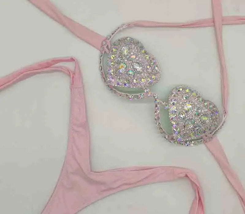 The Venus Vacation Deep-V Bikini – Luxe Rhinestone Embellished Showgirl Swim Set