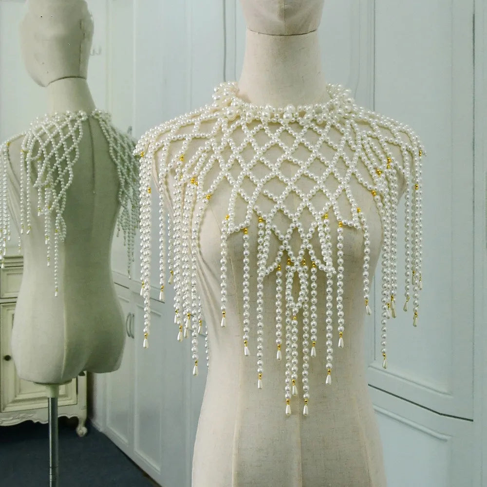 White Simulated Pearl Chest Wrap Chain