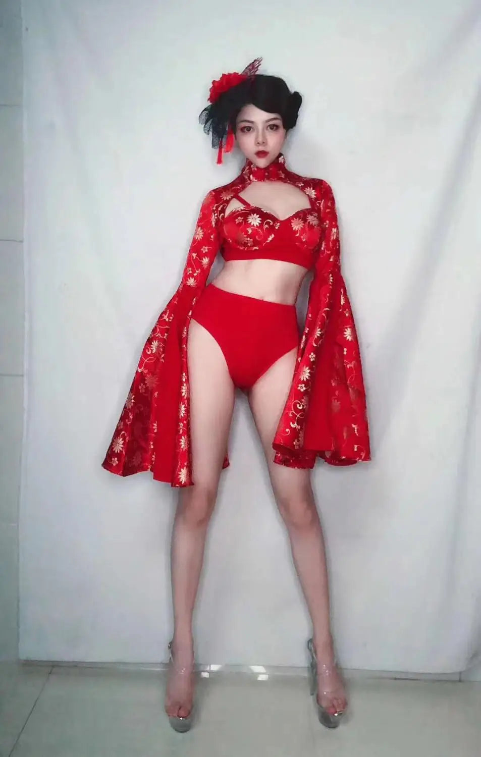 Crimson Red Sculpted Bralette, Dramatic Puff Sleeve Shrug & Briefs 3-Piece Stage Costume Set