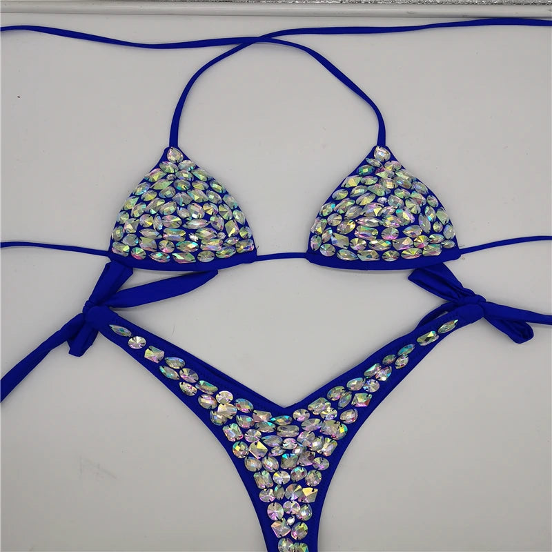Strappy Rhinestone Bandage Bikini Set – Exotic Crystal Cross-Wrap Swimsuit & Bling Bathing Suit for Luxury Pool Parties