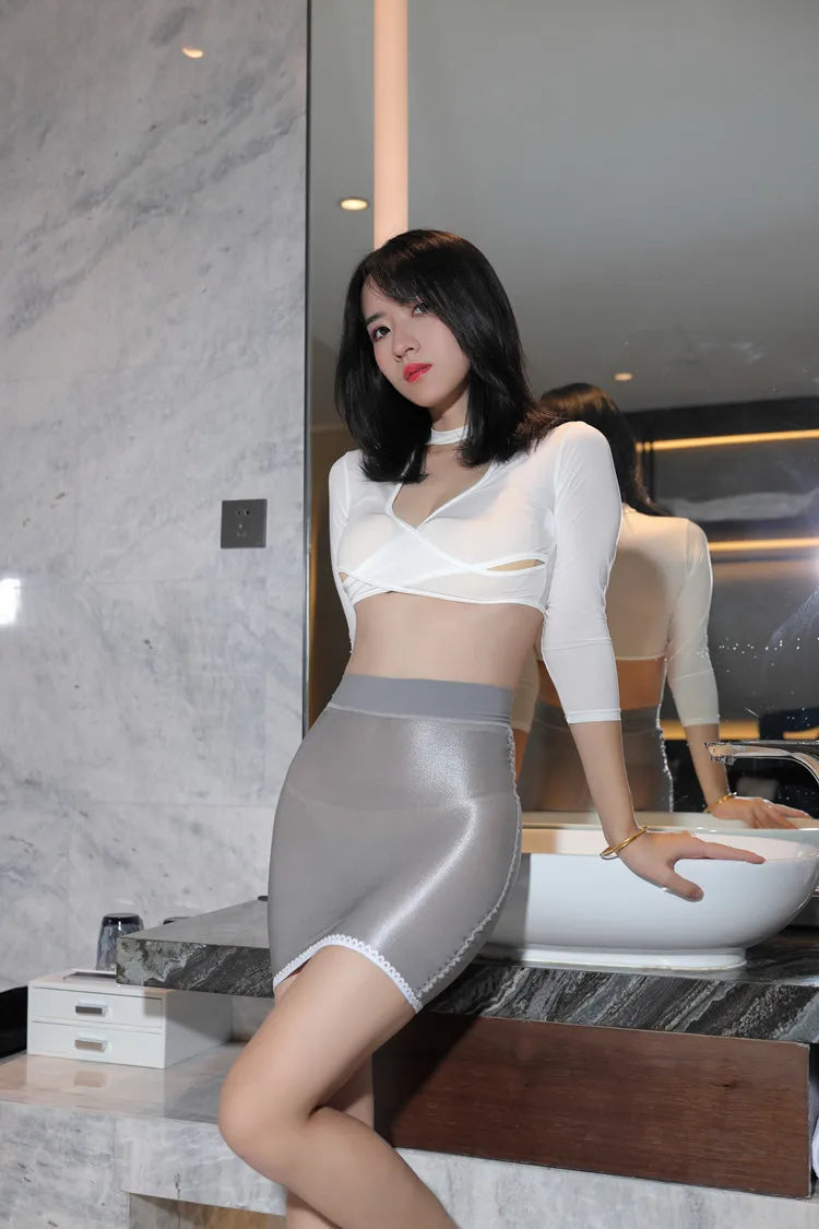 Hot Sexy Oil Shiny OL MINI Skirt Sheer 70D Gloosy Tight Pencil Cute Skirt See Through Candy Color Micro Mini Skirt For Women F12