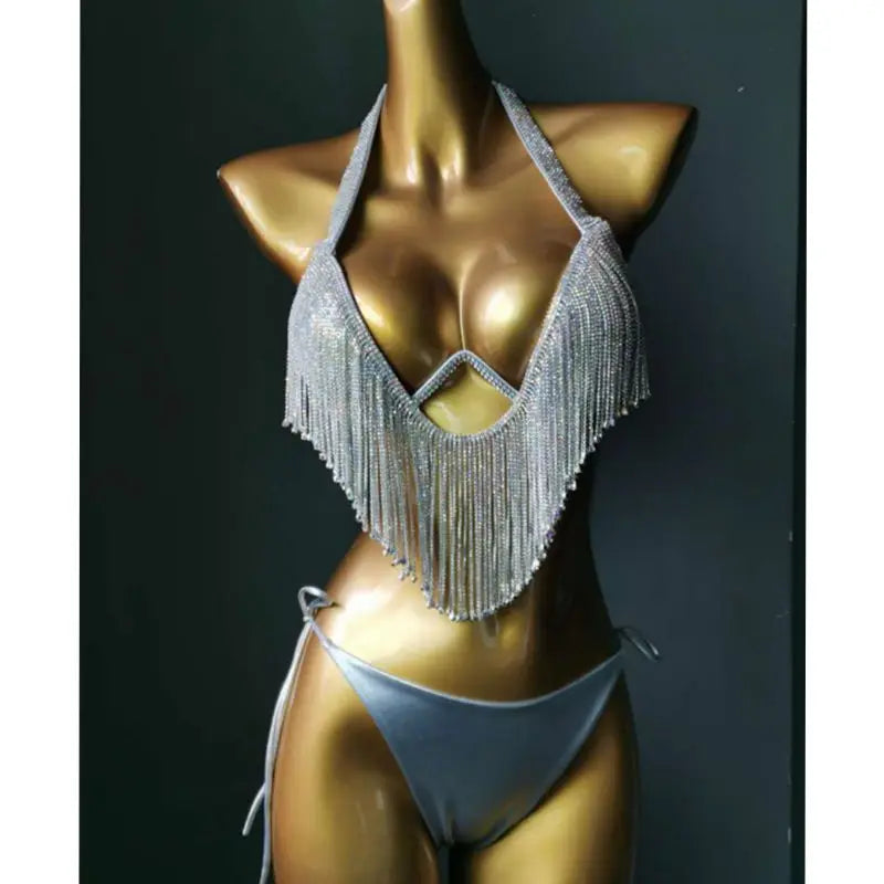 Sparkling Rhinestone Tassel Bikini Set – Shimmering Crystal Fringe Swimsuit & Exotic Body Jewelry Set for Raves & Beach Clubs