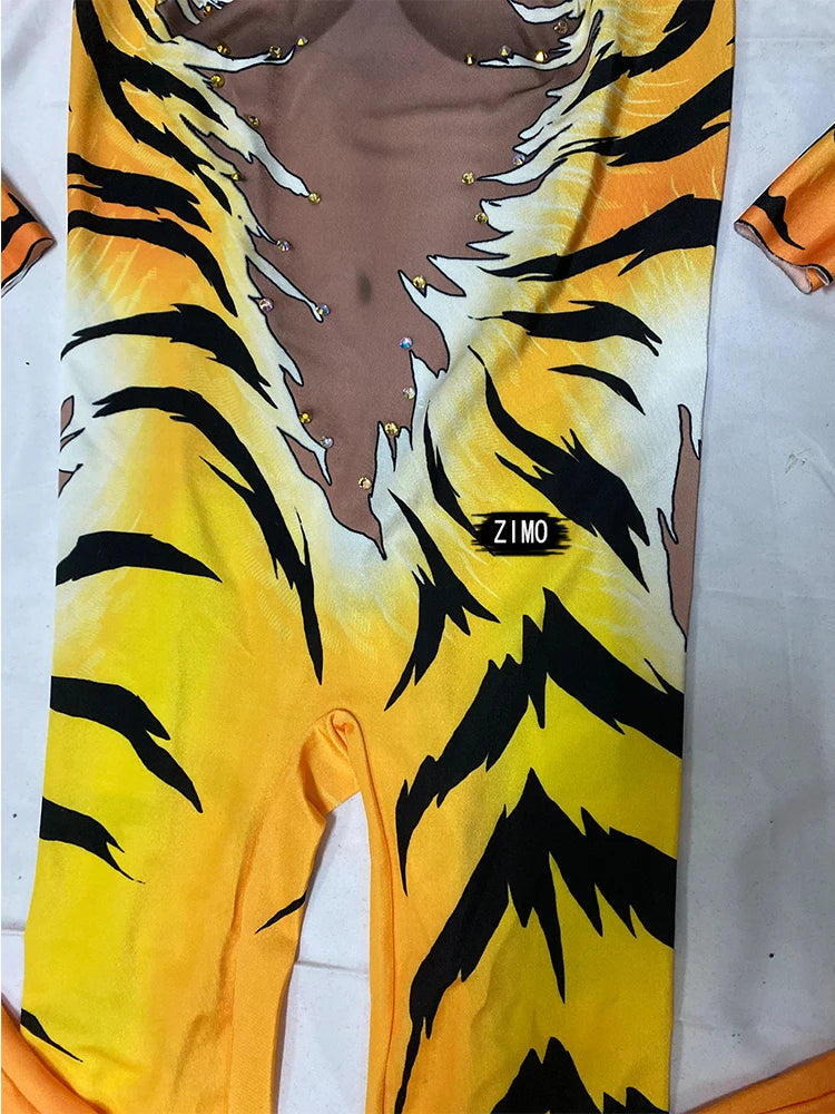 Tiger Print Rhinestone Catsuit Long Sleeve Fierce Animal Stage Performance Jumpsuit