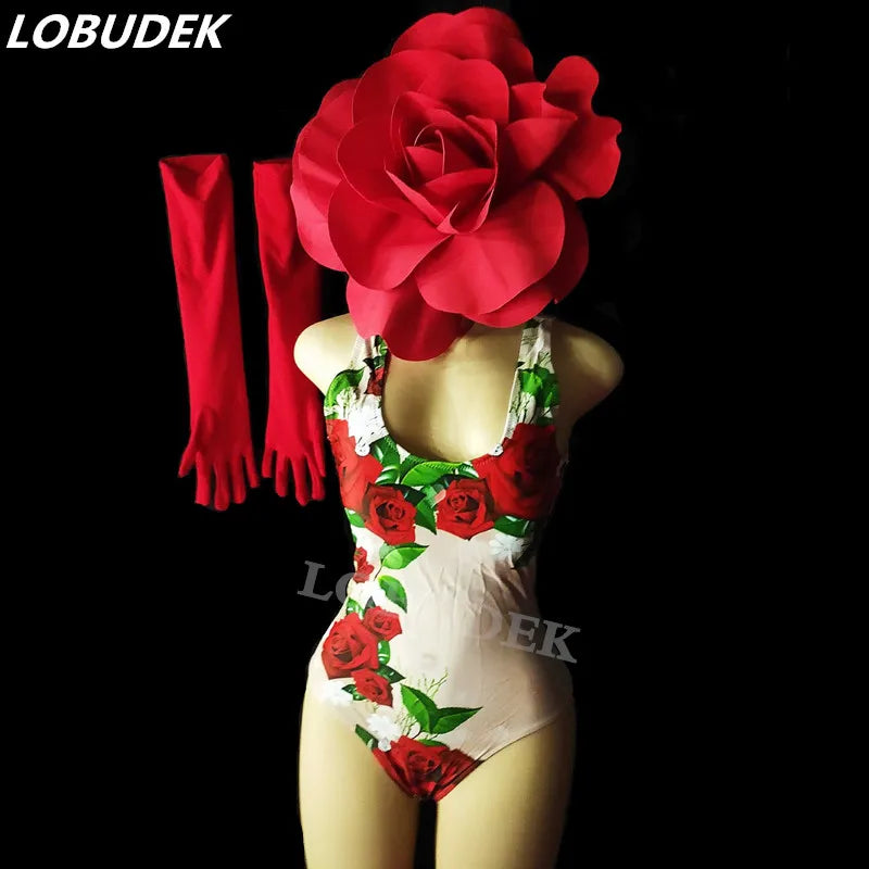 Scarlet Rose Floral Bodysuit, Opera Gloves & 3D Flower Headpiece 3-Piece Stage Costume Set