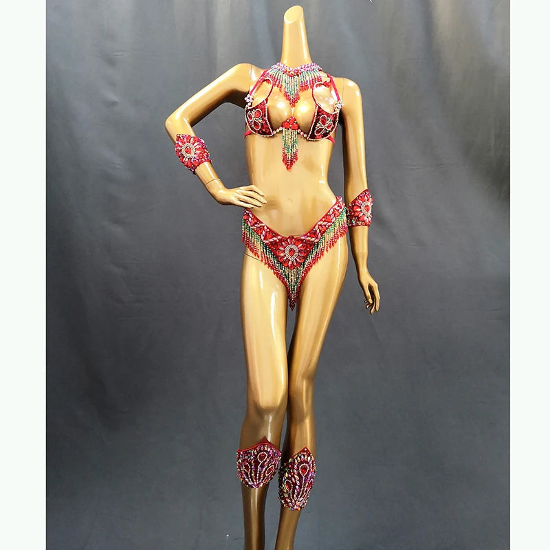 Handmade Beaded Samba Carnival Bra, Thong & Jewelry 5-Piece Stage Costume Set