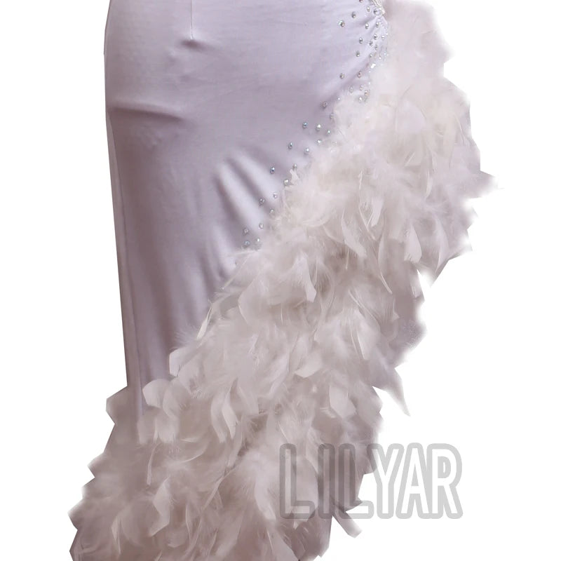 The Stardust Swan Queen – White Feathered Embroidered Latin Dance Competition Dress Set