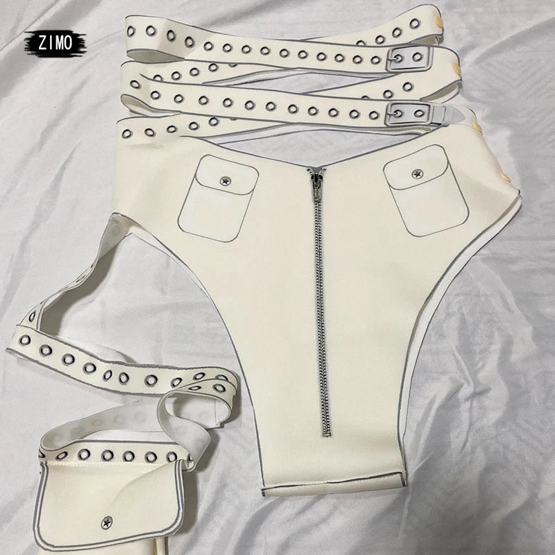 White Cyber Military Commander Bodysuit & Harness Set Men's & Women's Stage Dance Costume