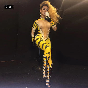 Tiger Print Rhinestone Catsuit Long Sleeve Fierce Animal Stage Performance Jumpsuit