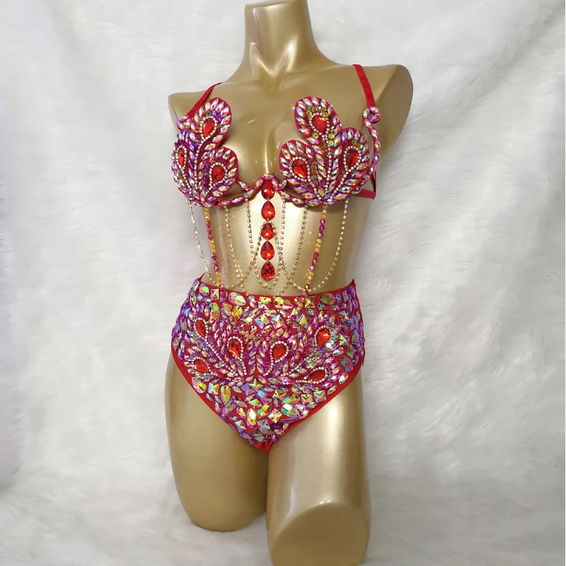 Sparkly Samba Carnival Stone Wire Bra & High-Waisted Bottom Two-Piece Costume Set