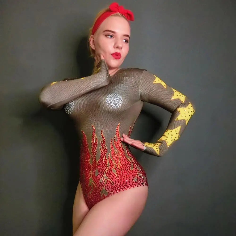 Women's Fire Pattern Rhinestone Leotard Bodysuit | Sparkly Crystal Stage Costume for Singer & Nightclub