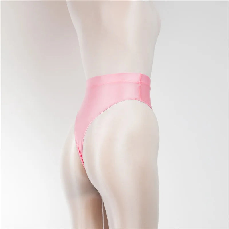Sexy Shiny High Waist G-string Sheer See Through Sexy Brief Candy Color T-Back Oil Thong UnderWear Satin Glossy Femme Tight