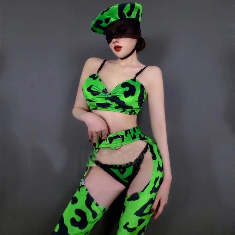 Neon Green Leopard Bikini Top, Wide-Leg Chaps Pants & Hat 4-Piece Stage Dance Costume Set