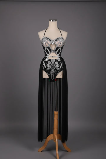 The Stardust Empress Royale – Sparkly Cutout Siamese Singer Jumpsuit & Cloak Set
