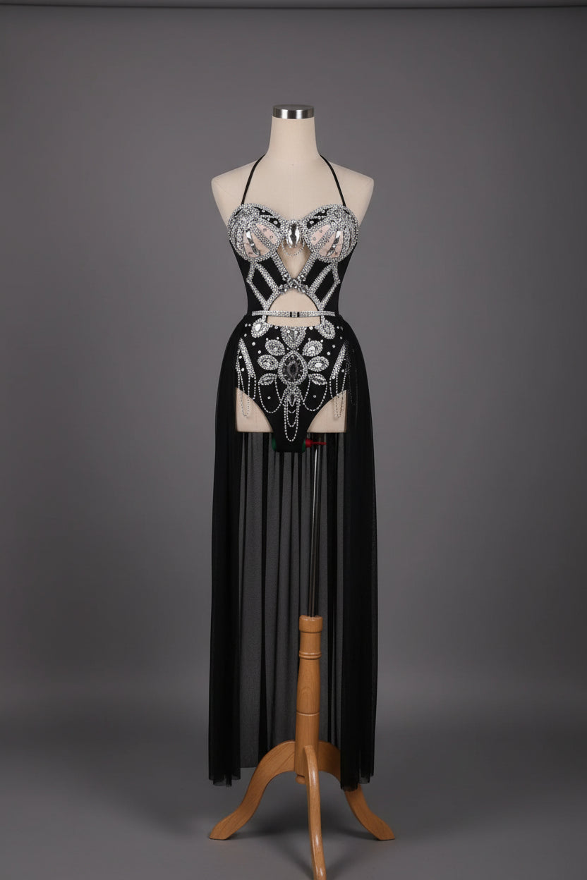 The Stardust Empress Royale – Sparkly Cutout Siamese Singer Jumpsuit & Cloak Set