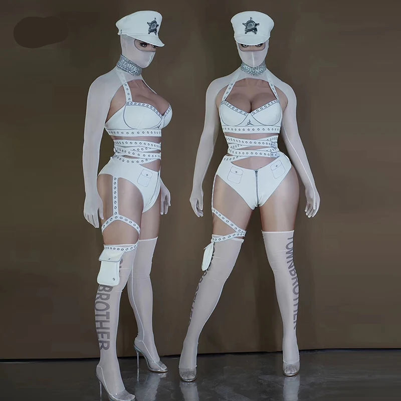 White Cyber Military Commander Bodysuit & Harness Set Men's & Women's Stage Dance Costume