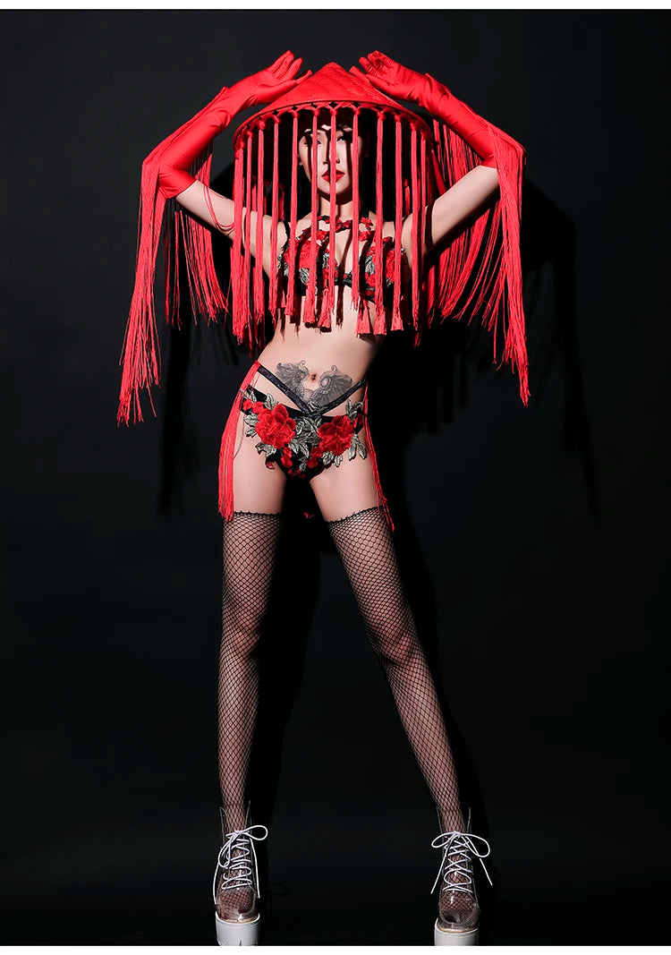 Red Rose Floral Fringe Bikini & Matching Fringe Gloves Stage Performance Costume Set