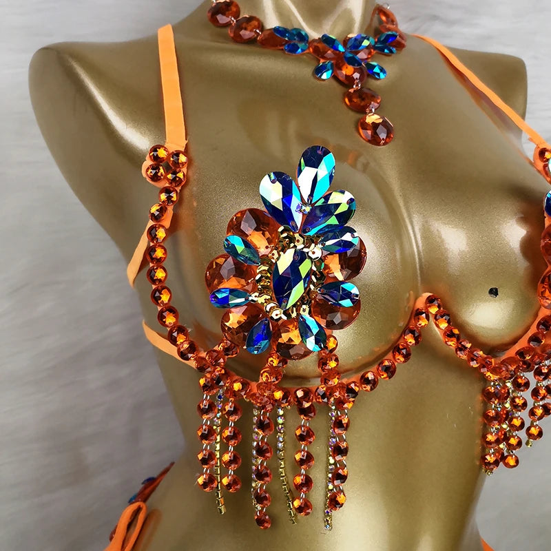 Sparkly Samba Carnival Stone Wire Bra & Necklace Two-Piece Dance Costume Set