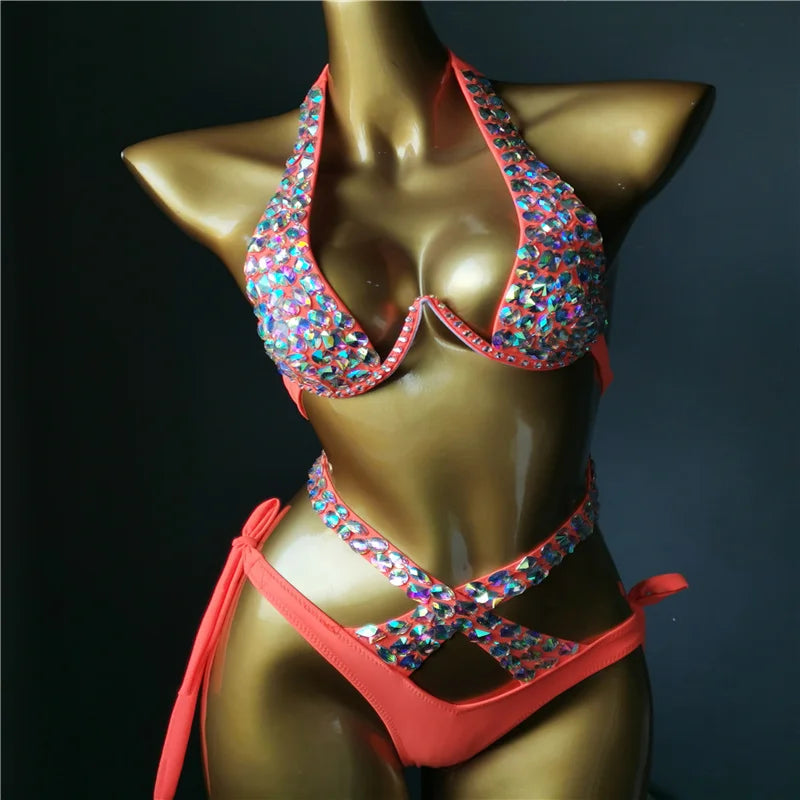 The Venus Vacation High-Waist Bikini – Classic Diamond Rhinestone Showgirl Set