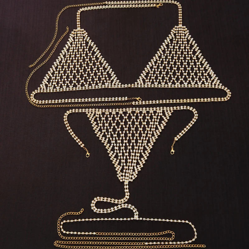 Luxury Rhinestone Grid Body Chain Set – Shimmering Crystal Mesh Bra & Thong Harness Set for Raves, Festivals & Exotic Clubwear