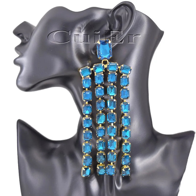 Sparkly 5.2" Glass Crystal Dangle Earrings Drag Queen Stage Jewelry