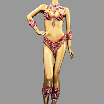 Handmade Beaded Samba Carnival Bra, Thong & Jewelry 5-Piece Stage Costume Set