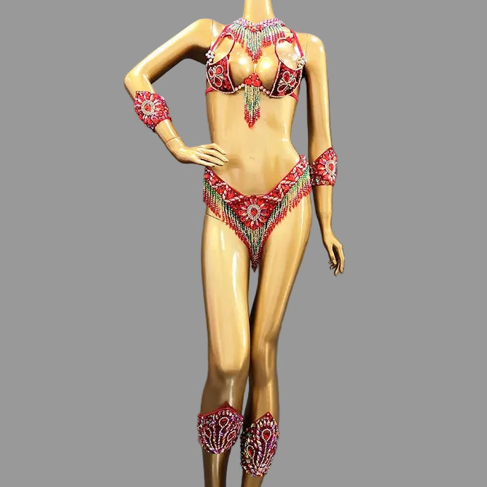 Handmade Beaded Samba Carnival Bra, Thong & Jewelry 5-Piece Stage Costume Set
