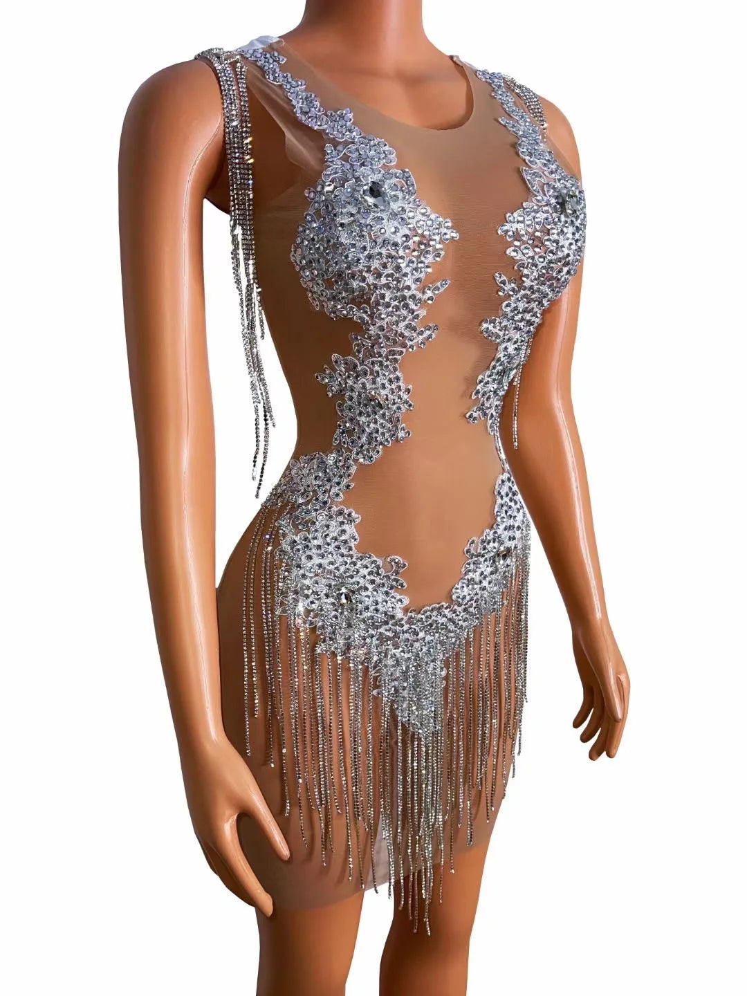Rhinestone Chain Fringe Performance Dress